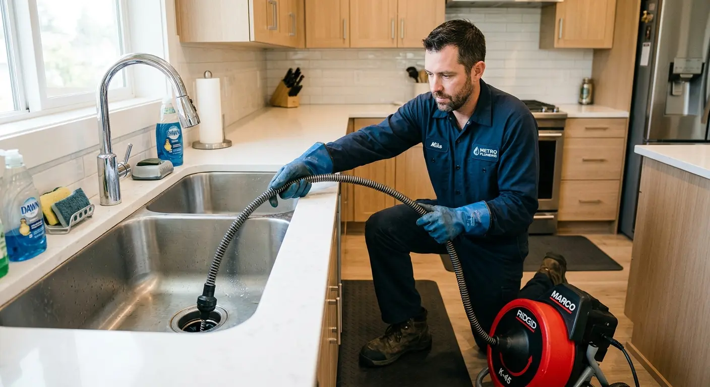 Drain cleaning technician using a motorized snake on a kitchen sink in Yuba City
