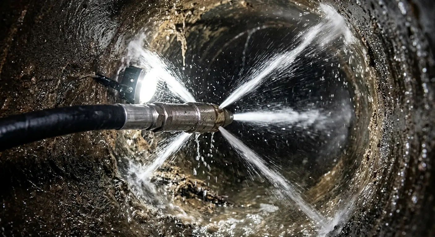 High-pressure hydro jetting nozzle cleaning sewer pipe for Emergency Drain Service in Yuba City