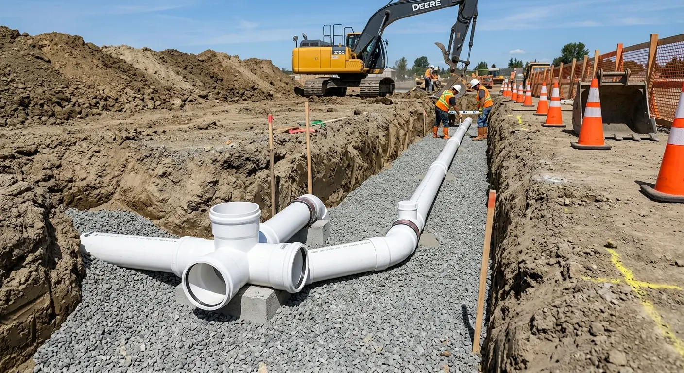 New PVC sewer pipe installation in open trench for Grease Trap Cleaning in Yuba City