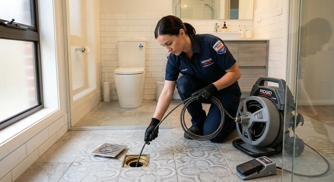 Technician clearing a bathroom floor drain for Drain Cleaning in Yuba City